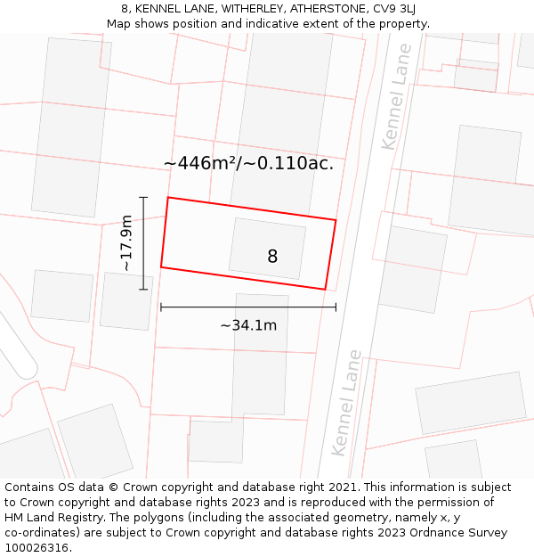 8, KENNEL LANE, WITHERLEY, ATHERSTONE, CV9 3LJ: Plot and title map