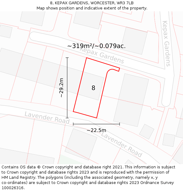 8, KEPAX GARDENS, WORCESTER, WR3 7LB: Plot and title map