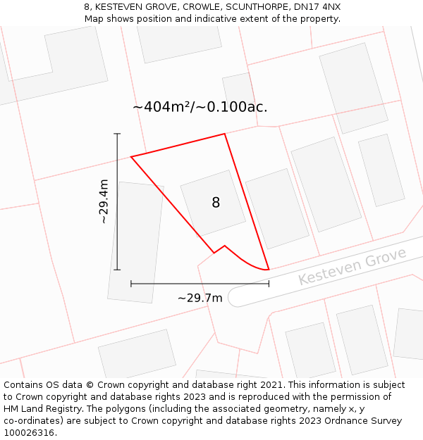 8, KESTEVEN GROVE, CROWLE, SCUNTHORPE, DN17 4NX: Plot and title map