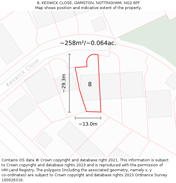 8, KESWICK CLOSE, GAMSTON, NOTTINGHAM, NG2 6PF: Plot and title map