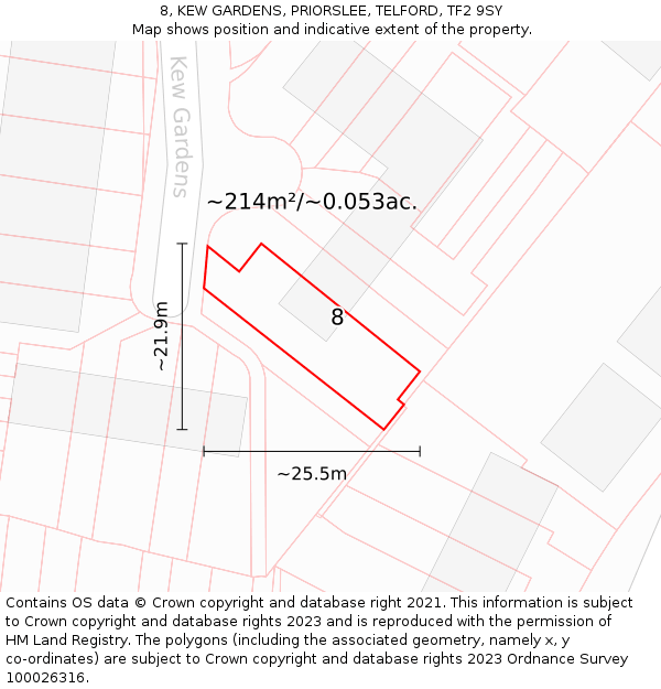 8, KEW GARDENS, PRIORSLEE, TELFORD, TF2 9SY: Plot and title map