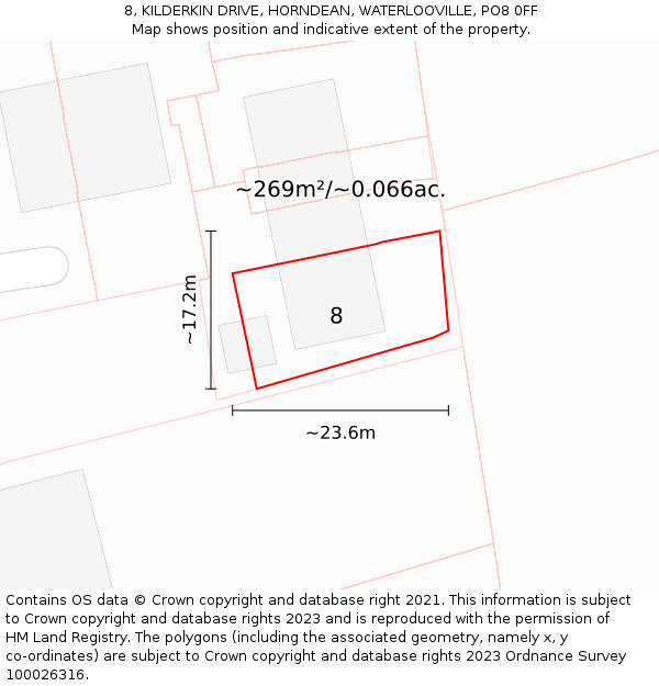 8, KILDERKIN DRIVE, HORNDEAN, WATERLOOVILLE, PO8 0FF: Plot and title map