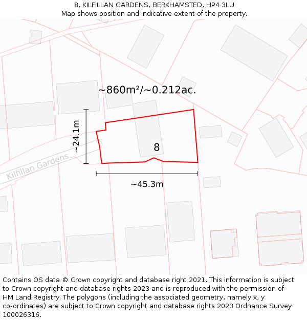 8, KILFILLAN GARDENS, BERKHAMSTED, HP4 3LU: Plot and title map