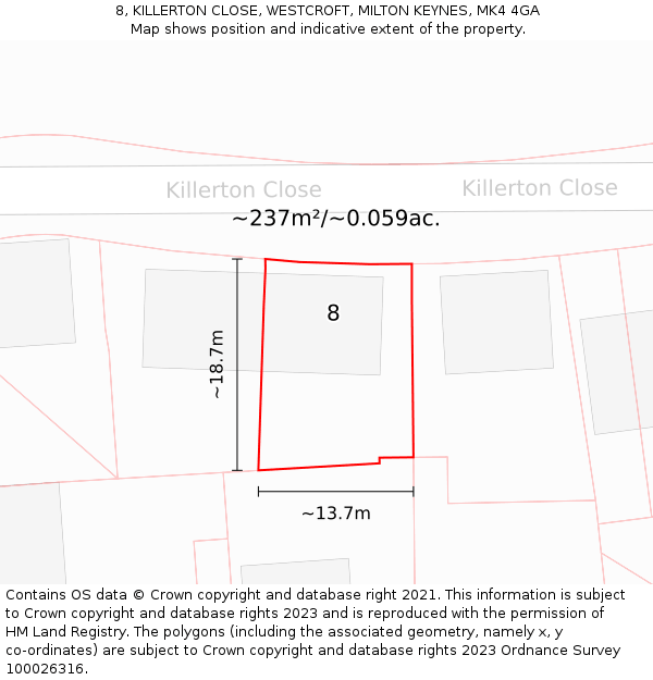 8, KILLERTON CLOSE, WESTCROFT, MILTON KEYNES, MK4 4GA: Plot and title map