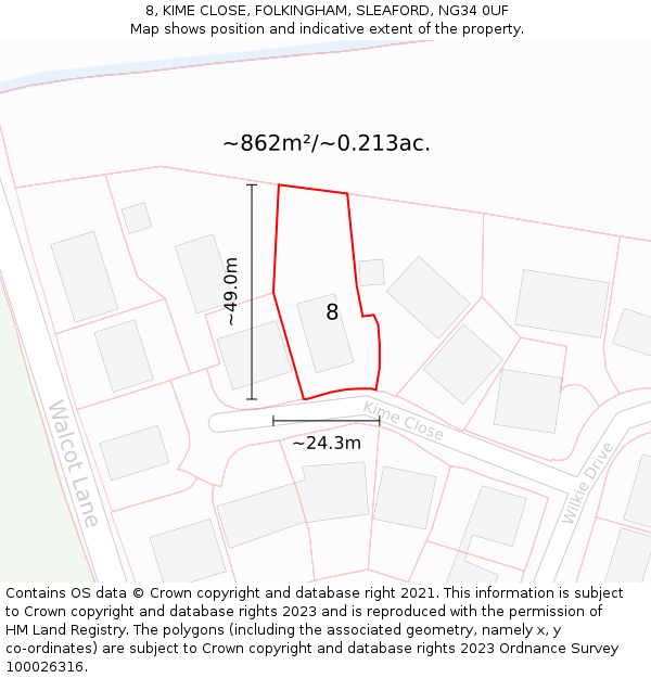 8, KIME CLOSE, FOLKINGHAM, SLEAFORD, NG34 0UF: Plot and title map