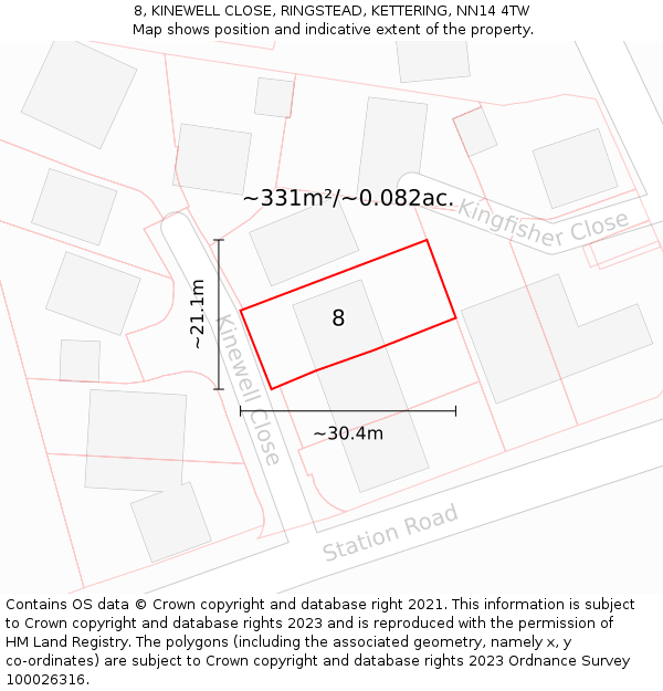 8, KINEWELL CLOSE, RINGSTEAD, KETTERING, NN14 4TW: Plot and title map