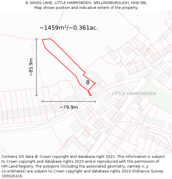 8, KINGS LANE, LITTLE HARROWDEN, WELLINGBOROUGH, NN9 5BL: Plot and title map