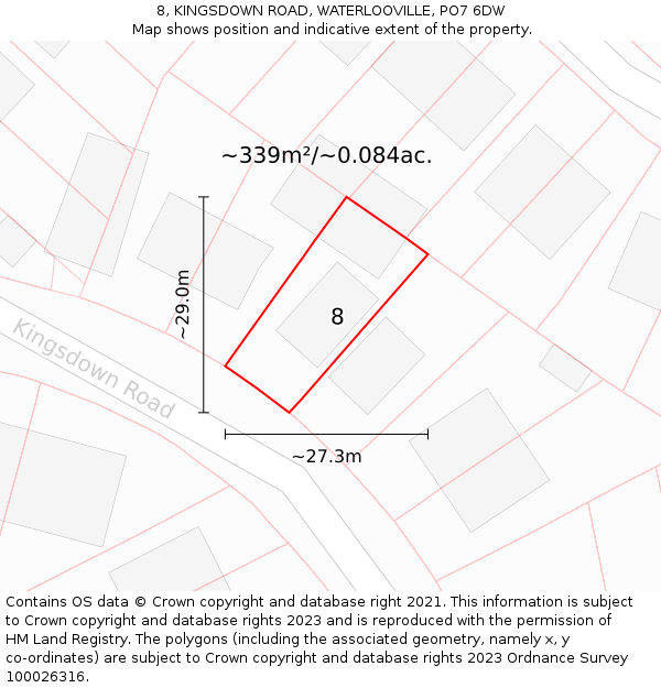 8, KINGSDOWN ROAD, WATERLOOVILLE, PO7 6DW: Plot and title map