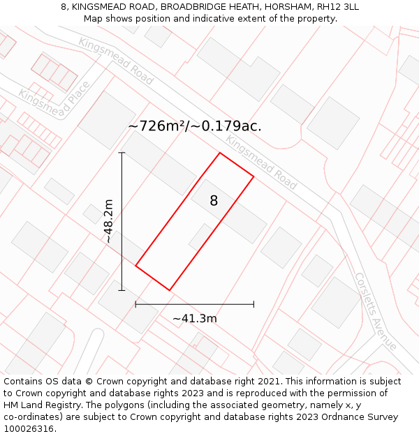 8, KINGSMEAD ROAD, BROADBRIDGE HEATH, HORSHAM, RH12 3LL: Plot and title map