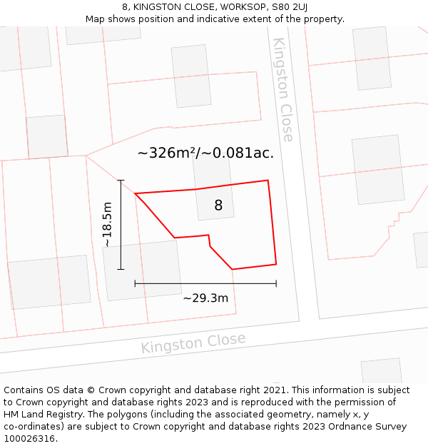 8, KINGSTON CLOSE, WORKSOP, S80 2UJ: Plot and title map