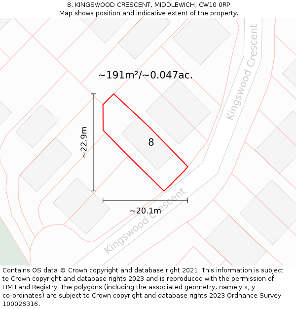 8, KINGSWOOD CRESCENT, MIDDLEWICH, CW10 0RP: Plot and title map