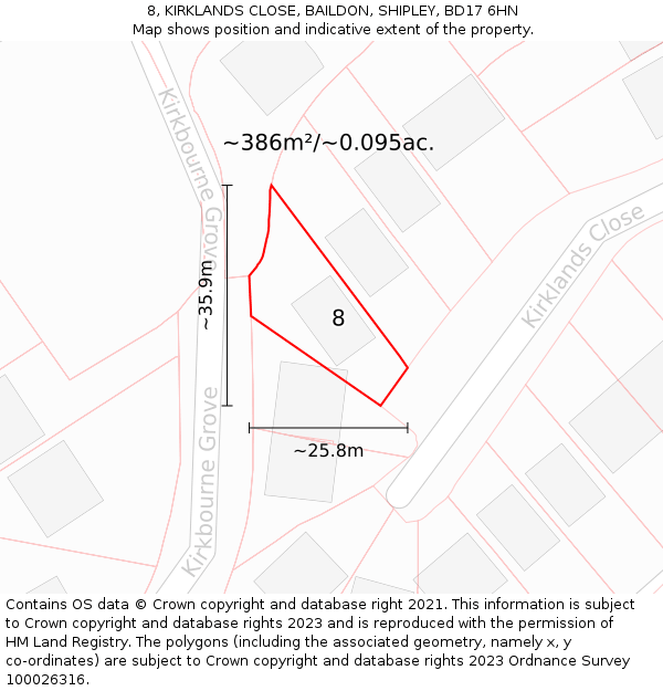 8, KIRKLANDS CLOSE, BAILDON, SHIPLEY, BD17 6HN: Plot and title map