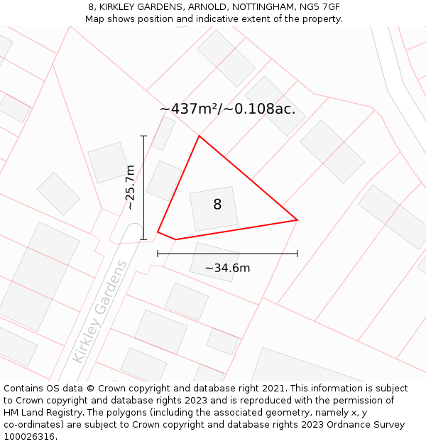 8, KIRKLEY GARDENS, ARNOLD, NOTTINGHAM, NG5 7GF: Plot and title map