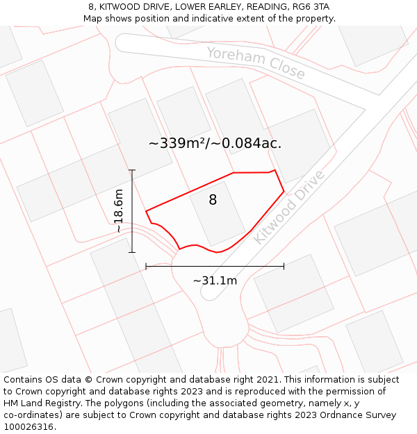 8, KITWOOD DRIVE, LOWER EARLEY, READING, RG6 3TA: Plot and title map