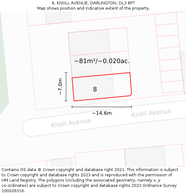 8, KNOLL AVENUE, DARLINGTON, DL3 8PT: Plot and title map