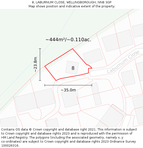 8, LABURNUM CLOSE, WELLINGBOROUGH, NN8 3GP: Plot and title map