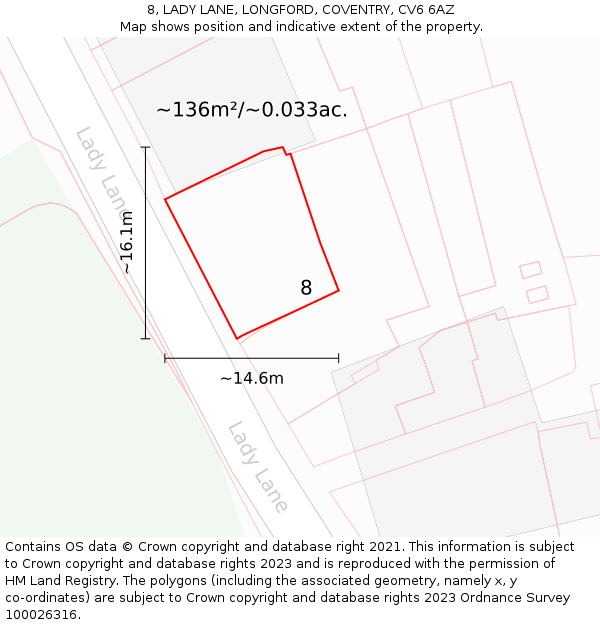 8, LADY LANE, LONGFORD, COVENTRY, CV6 6AZ: Plot and title map