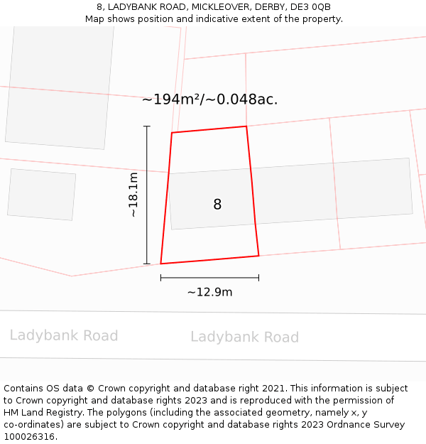 8, LADYBANK ROAD, MICKLEOVER, DERBY, DE3 0QB: Plot and title map