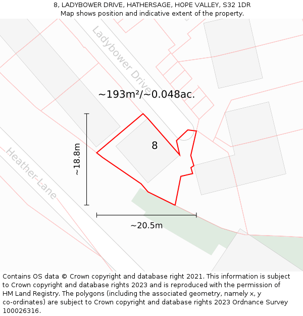 8, LADYBOWER DRIVE, HATHERSAGE, HOPE VALLEY, S32 1DR: Plot and title map