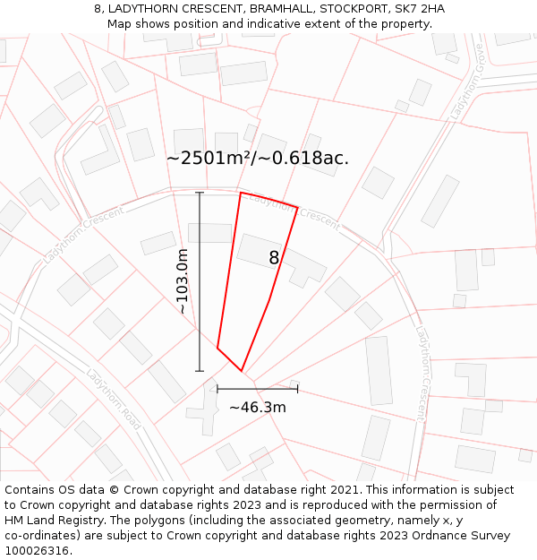 8, LADYTHORN CRESCENT, BRAMHALL, STOCKPORT, SK7 2HA: Plot and title map