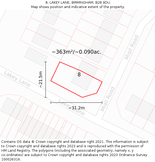 8, LAKEY LANE, BIRMINGHAM, B28 9DU: Plot and title map