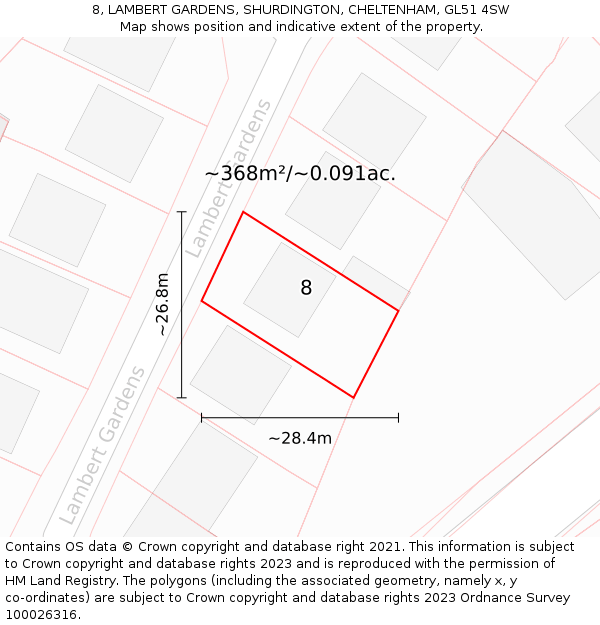 8, LAMBERT GARDENS, SHURDINGTON, CHELTENHAM, GL51 4SW: Plot and title map