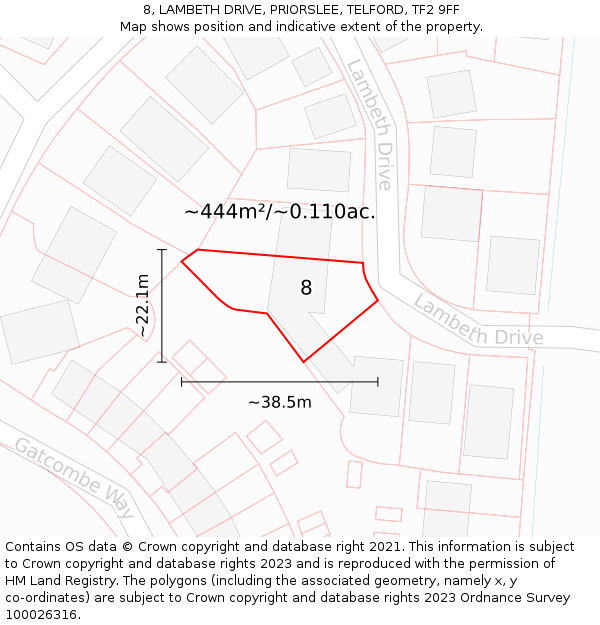 8, LAMBETH DRIVE, PRIORSLEE, TELFORD, TF2 9FF: Plot and title map