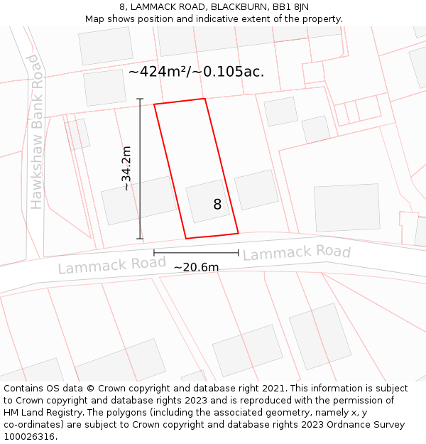 8, LAMMACK ROAD, BLACKBURN, BB1 8JN: Plot and title map