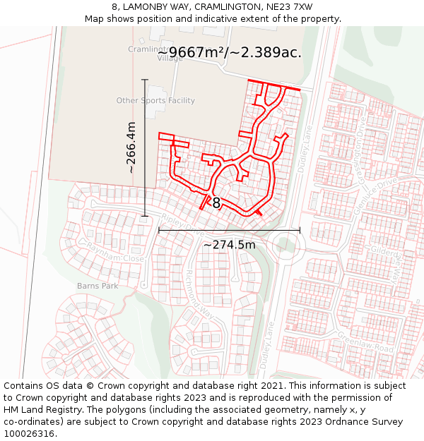 8, LAMONBY WAY, CRAMLINGTON, NE23 7XW: Plot and title map