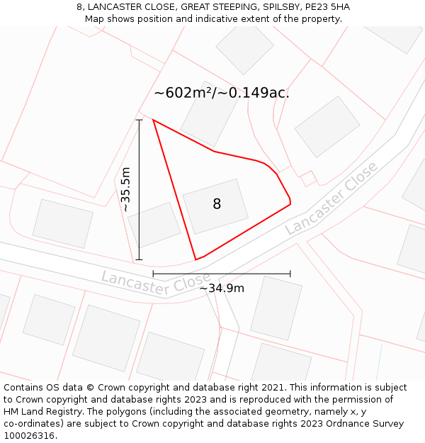 8, LANCASTER CLOSE, GREAT STEEPING, SPILSBY, PE23 5HA: Plot and title map