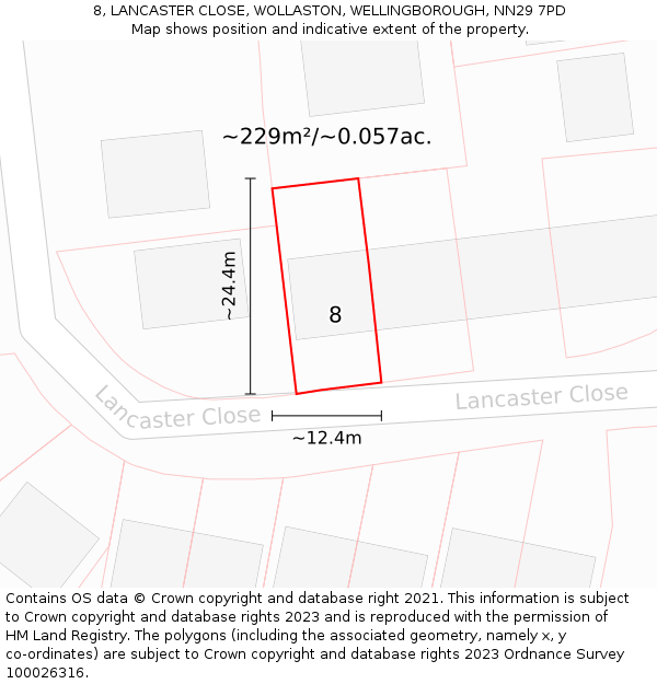 8, LANCASTER CLOSE, WOLLASTON, WELLINGBOROUGH, NN29 7PD: Plot and title map