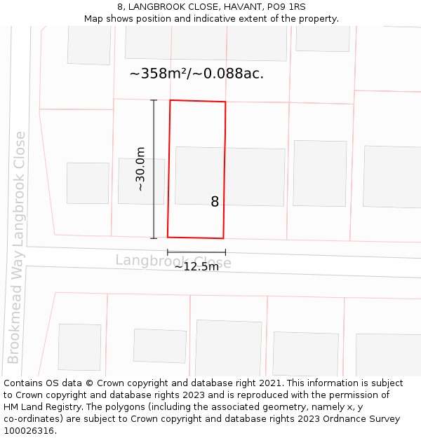 8, LANGBROOK CLOSE, HAVANT, PO9 1RS: Plot and title map