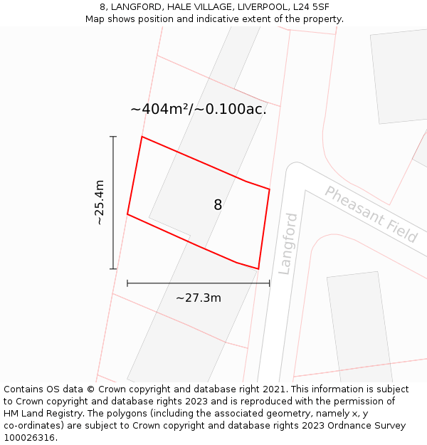 8, LANGFORD, HALE VILLAGE, LIVERPOOL, L24 5SF: Plot and title map