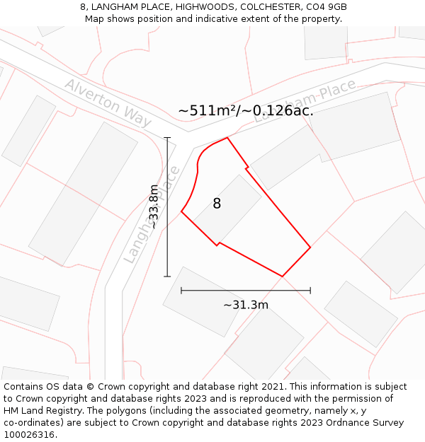 8, LANGHAM PLACE, HIGHWOODS, COLCHESTER, CO4 9GB: Plot and title map