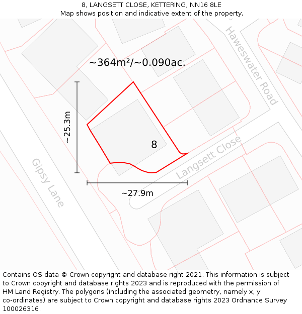 8, LANGSETT CLOSE, KETTERING, NN16 8LE: Plot and title map