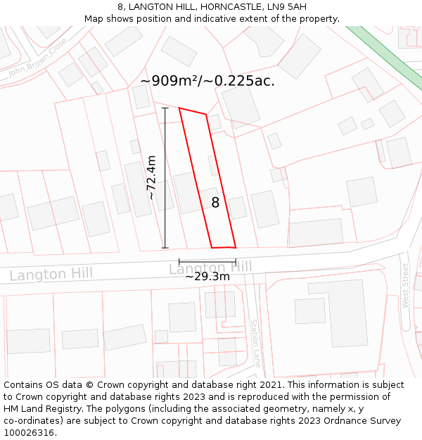 8, LANGTON HILL, HORNCASTLE, LN9 5AH: Plot and title map