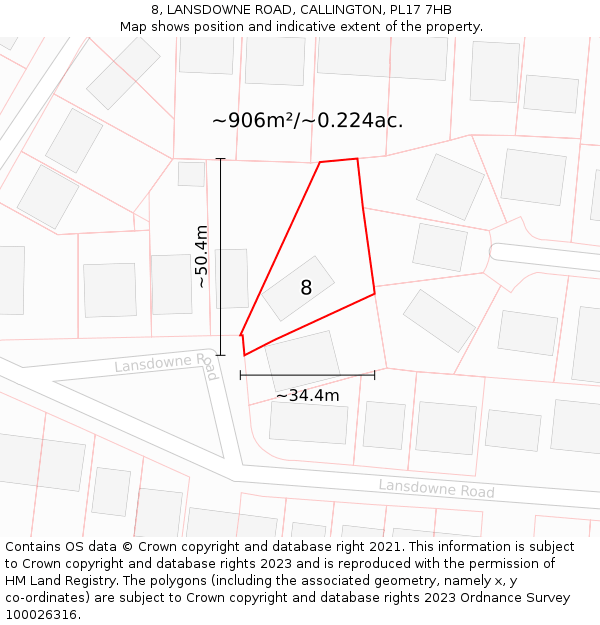 8, LANSDOWNE ROAD, CALLINGTON, PL17 7HB: Plot and title map