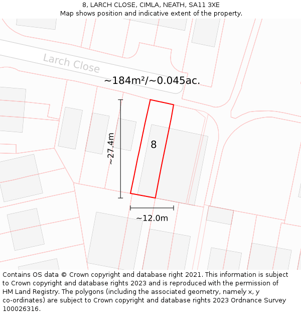 8, LARCH CLOSE, CIMLA, NEATH, SA11 3XE: Plot and title map