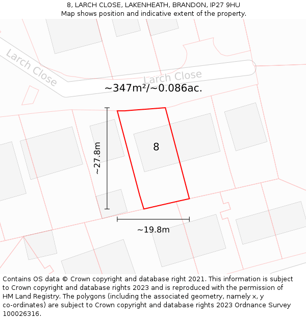 8, LARCH CLOSE, LAKENHEATH, BRANDON, IP27 9HU: Plot and title map