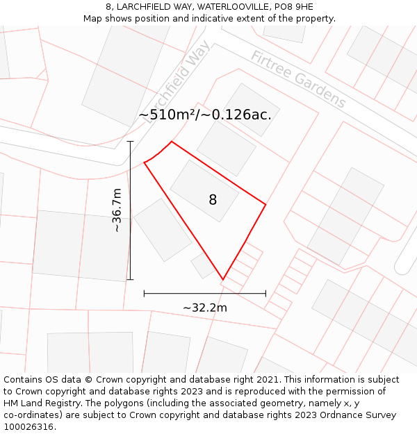 8, LARCHFIELD WAY, WATERLOOVILLE, PO8 9HE: Plot and title map