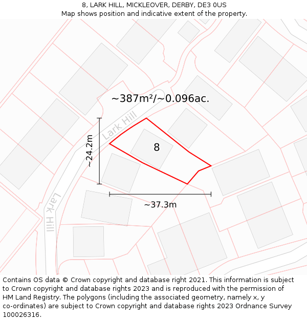 8, LARK HILL, MICKLEOVER, DERBY, DE3 0US: Plot and title map