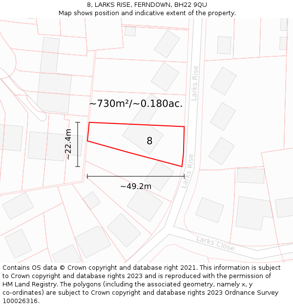 8, LARKS RISE, FERNDOWN, BH22 9QU: Plot and title map