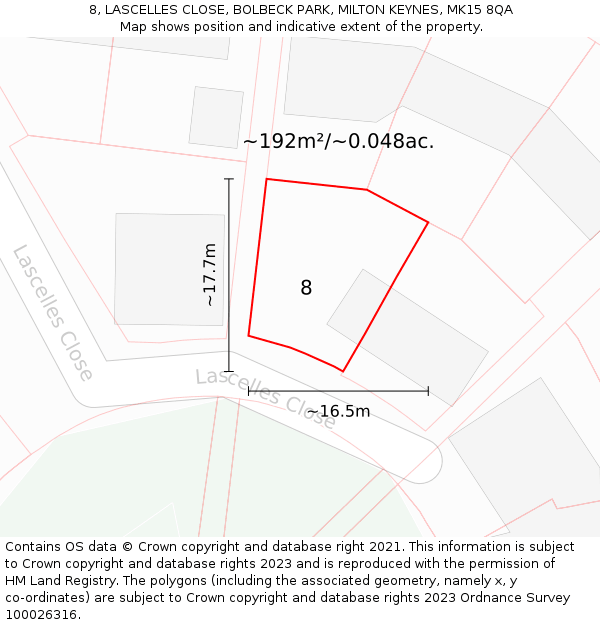 8, LASCELLES CLOSE, BOLBECK PARK, MILTON KEYNES, MK15 8QA: Plot and title map