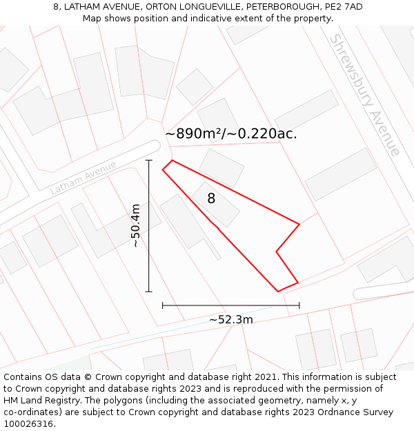 8, LATHAM AVENUE, ORTON LONGUEVILLE, PETERBOROUGH, PE2 7AD: Plot and title map