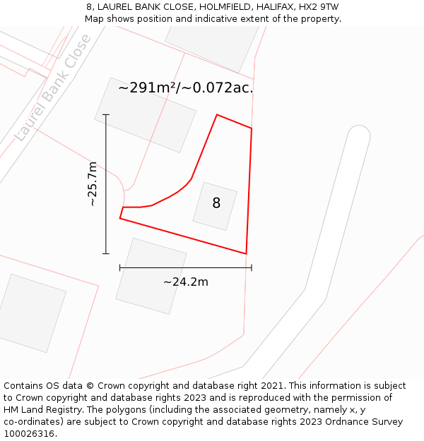 8, LAUREL BANK CLOSE, HOLMFIELD, HALIFAX, HX2 9TW: Plot and title map