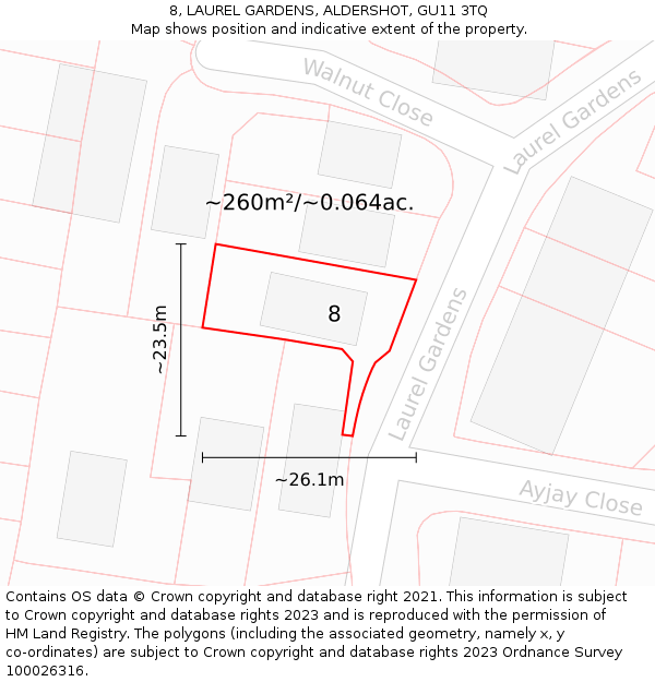 8, LAUREL GARDENS, ALDERSHOT, GU11 3TQ: Plot and title map