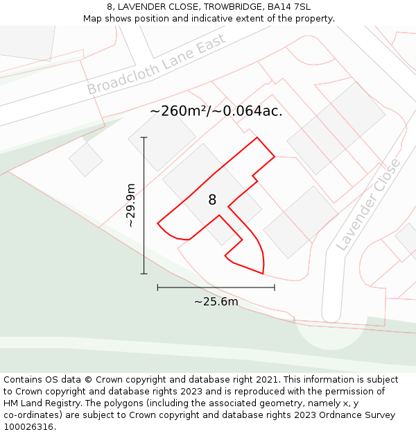 8, LAVENDER CLOSE, TROWBRIDGE, BA14 7SL: Plot and title map