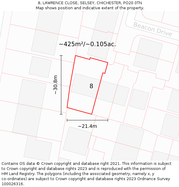 8, LAWRENCE CLOSE, SELSEY, CHICHESTER, PO20 0TN: Plot and title map