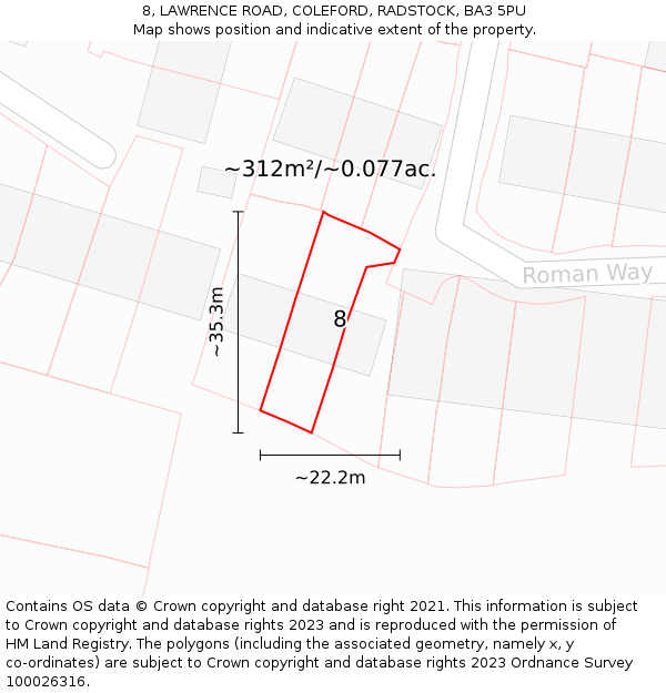 8, LAWRENCE ROAD, COLEFORD, RADSTOCK, BA3 5PU: Plot and title map