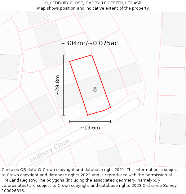 8, LEDBURY CLOSE, OADBY, LEICESTER, LE2 4SR: Plot and title map
